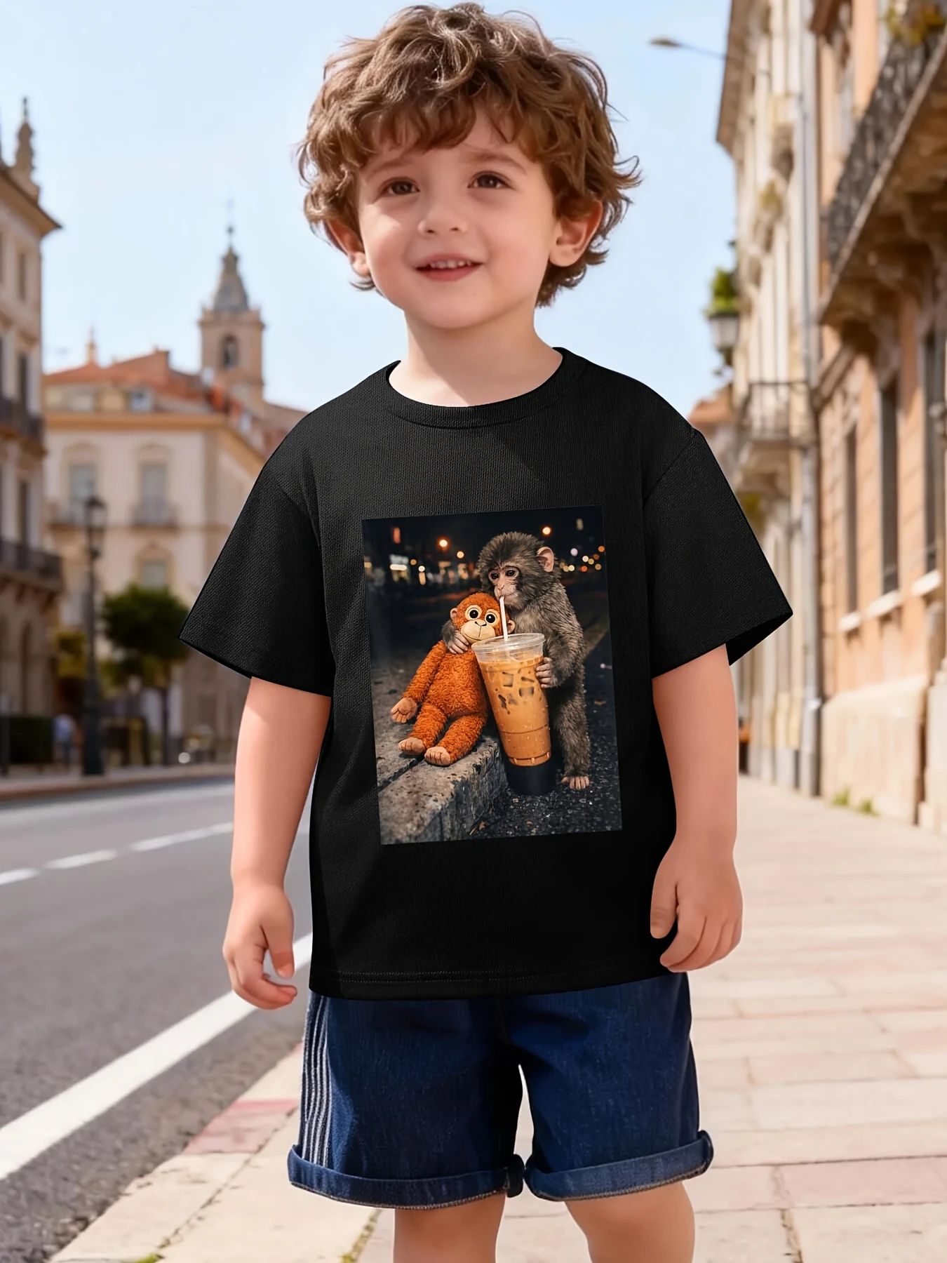Cute Monkey Drinking Milk Tea With Toy Doll Graphic Print T Shirt Family Matching Boys Girls Kids Short Sleeve Daily Tees