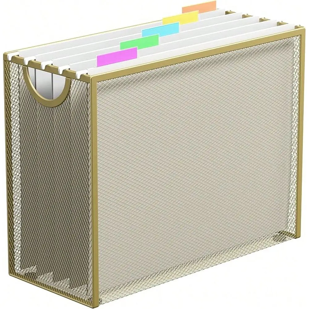 

File Organizer, LetterSize File Holder Filing Box With 5 Hanging Folders, Metal Mesh Desk File Folder StorageNo Assembly Requir
