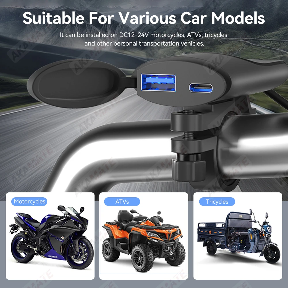 شاحن دراجة نارية QC3.0 30 واط USB نوع-C شاحن سريع مقاوم للماء المقود تصاعد قوس شاحن الهاتف 12 فولت/24 فولت دراجة نارية