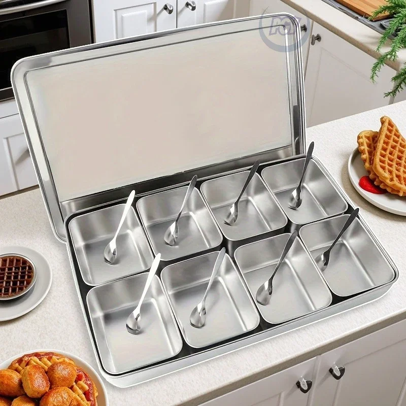 Stainless Steel 4/8 Grids Seasoning Container Multi-Purpose Seasoning Storage Tray with Lid and Spoon Kitchen Cooking Organizer