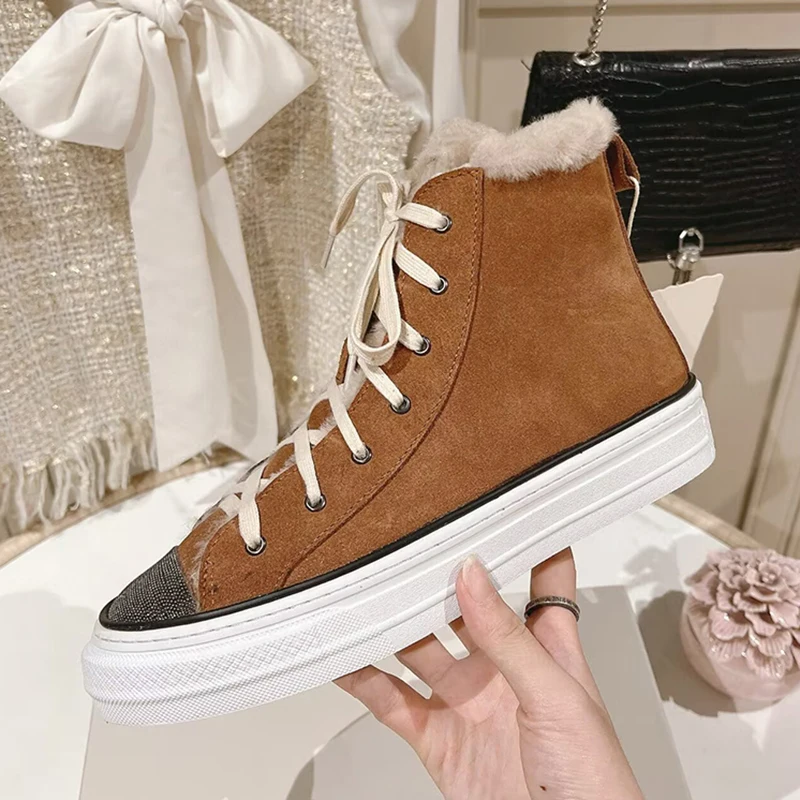 Winter Suede String Bead Flat Shoes Women's Real Wool Lining Warm Casual Shoes Thick Sole Lace Up High Top Sneakers Board Shoes