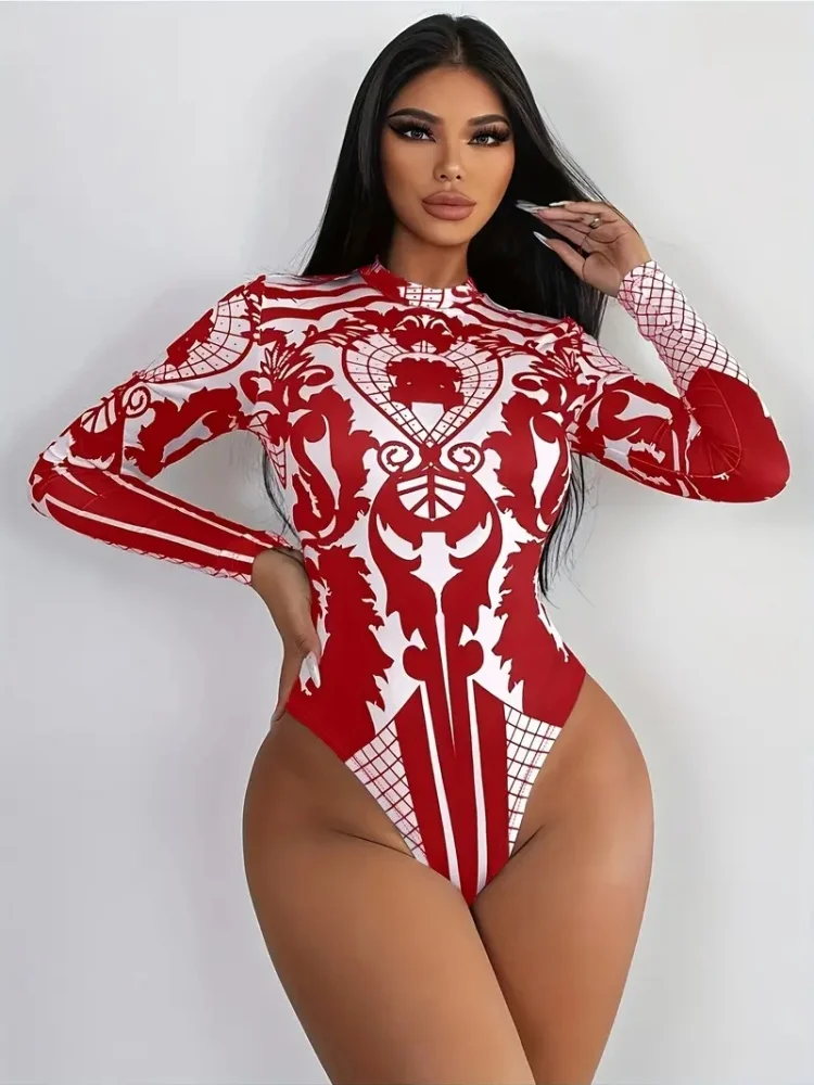 

Gothic Vintage Print Women's Long Sleeve Slim Fit Swimsuit Fashion Sexy Bodysuit Holiday Party Beach Spa Role Play Costume Set