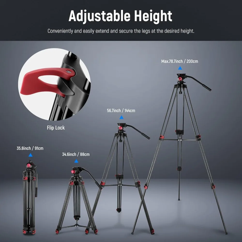 

79"/200cm Video Tripod, Heavy Duty Aluminum Alloy Camera Tripod Stand with 360° Fluid Drag Head, QR Plate Compatible