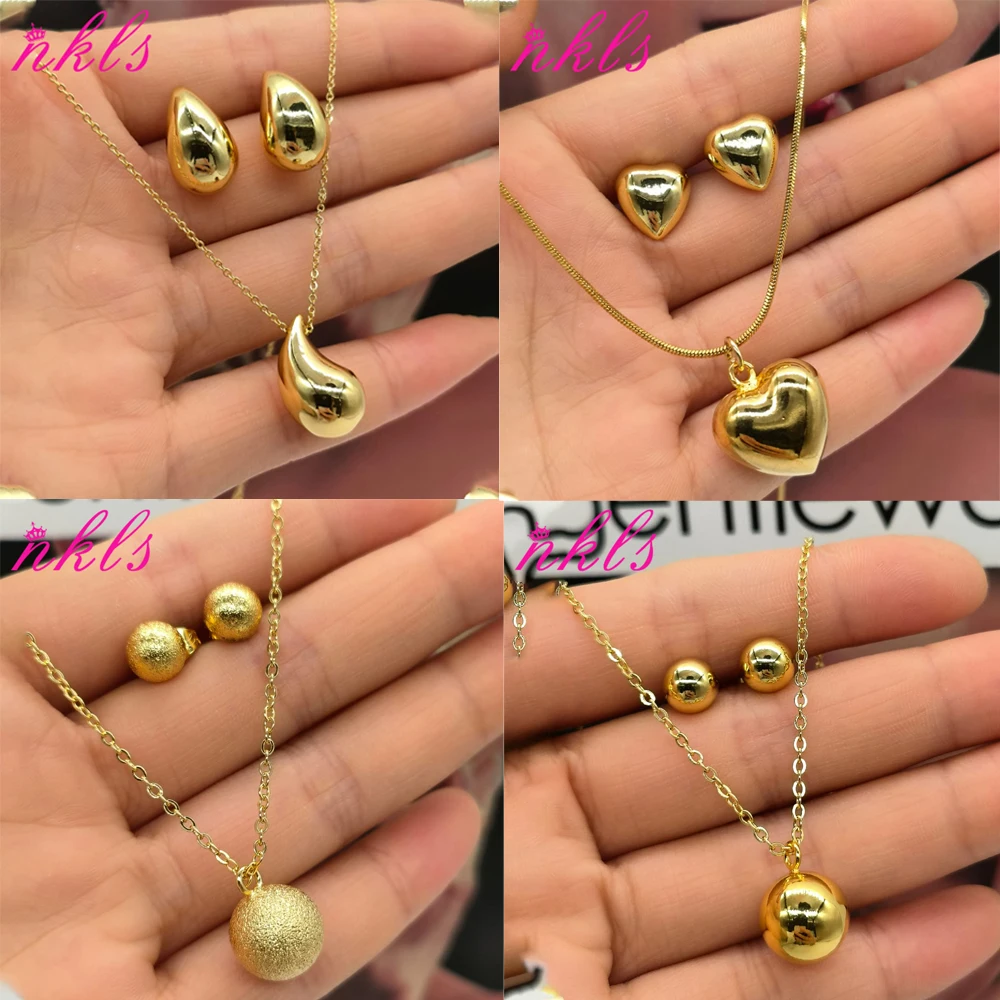 

New Sweet Heart Pendant 18K Gold Color Jewelry Set Fashion Bohemia Earrings Necklace Women Girl Elegant Water Drop Earrings Gift
