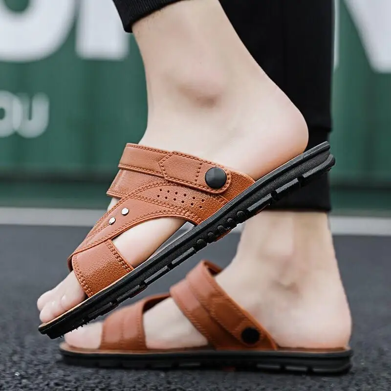 

Мужские летние кожаные тапочки, мягкие нескользящие пляжные тапочки, повседневная модная уличная одежда, удобные тапочки