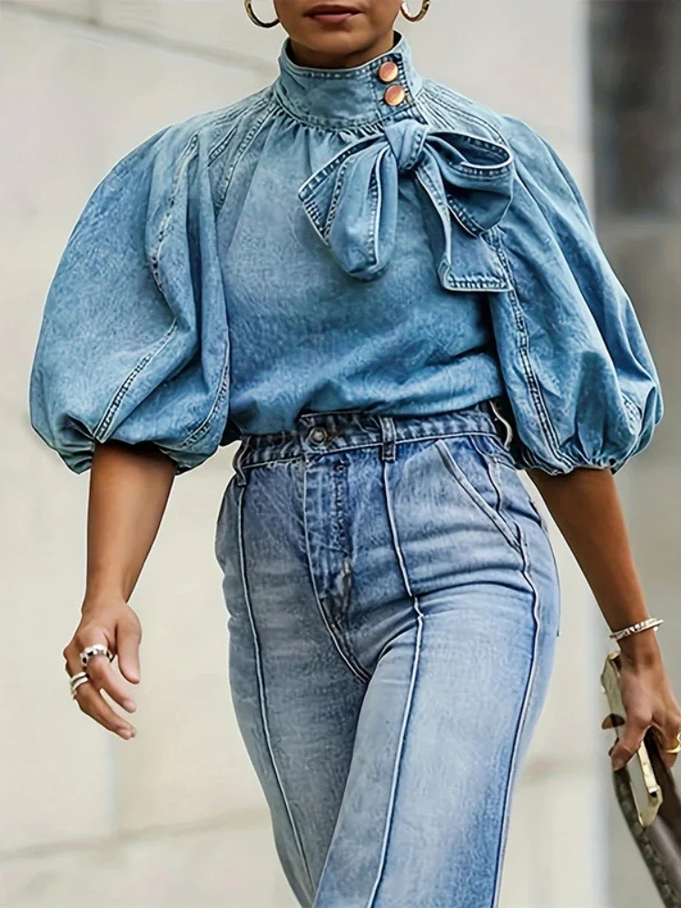 Women Denim Tops Turtleneck Splice Puff Sleeve Shirts Loose Irregular Top Solid Pullovers Casual Streetwear Autumn 2024