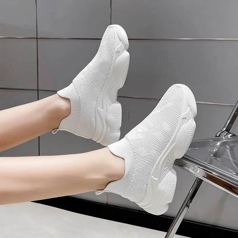 2026 Spring Fall Ladies Stretch Woven Clunky Trainer Air Flow Tube Footwear Laceless Leisure Platform Elevated