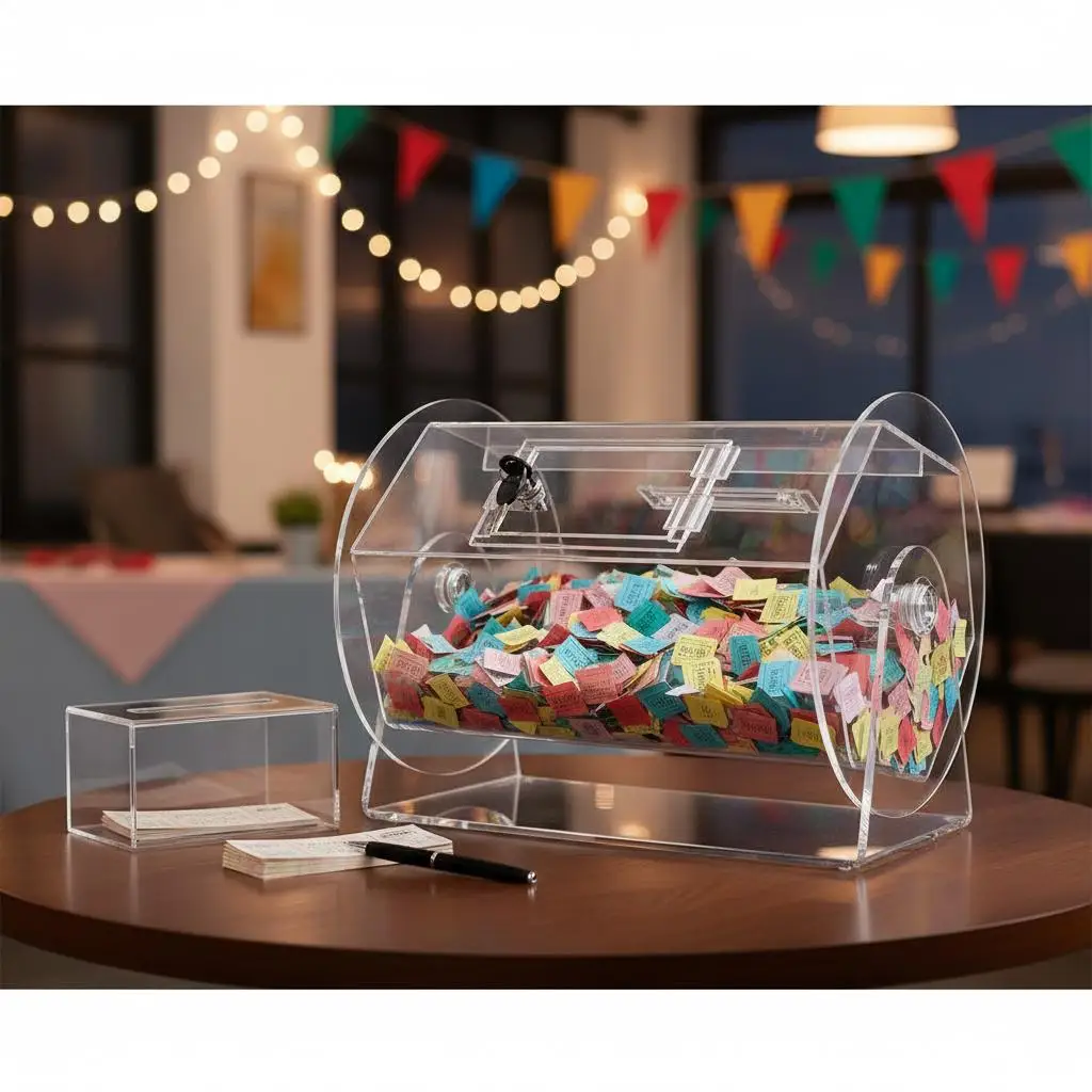 

Прозрачный акриловый контейнер для розыгрышей (16 дюймов (длина) x 12 дюймов (ширина) x 11 дюймов (высота)) для благотворительных акций, благотворительных мероприятий, выставок, с большой вместимостью и ручным вращением.