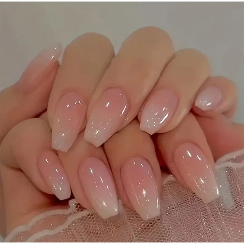 

French Style Pink White Gradient Trapezoidal Fake Nails Summer Gradation Armor Nails Pure Handmade Press On Nail Art Tipsy