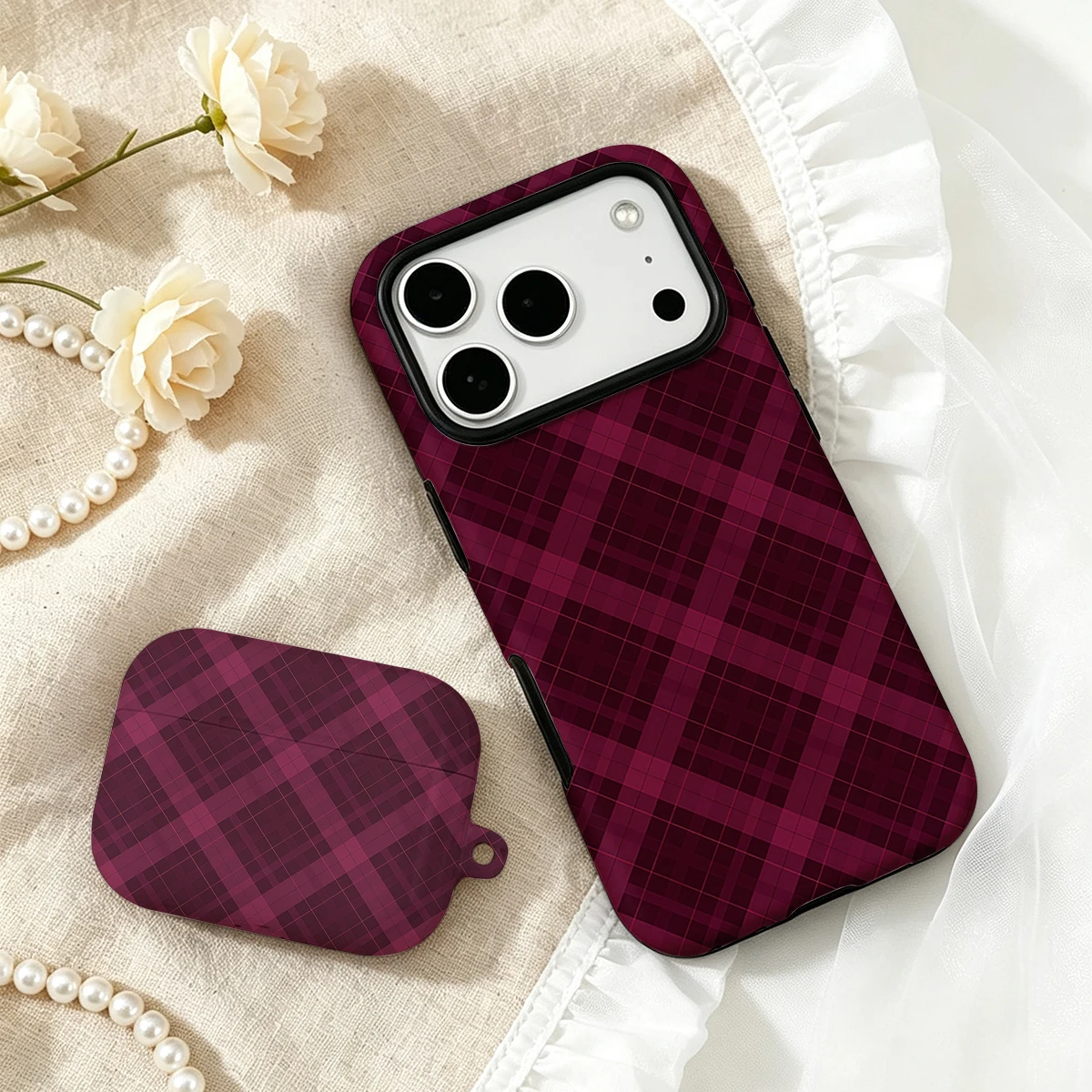 2 in 1 Burgundy Diagonal Plaid - đánh giá và giá Airpod Case Cover