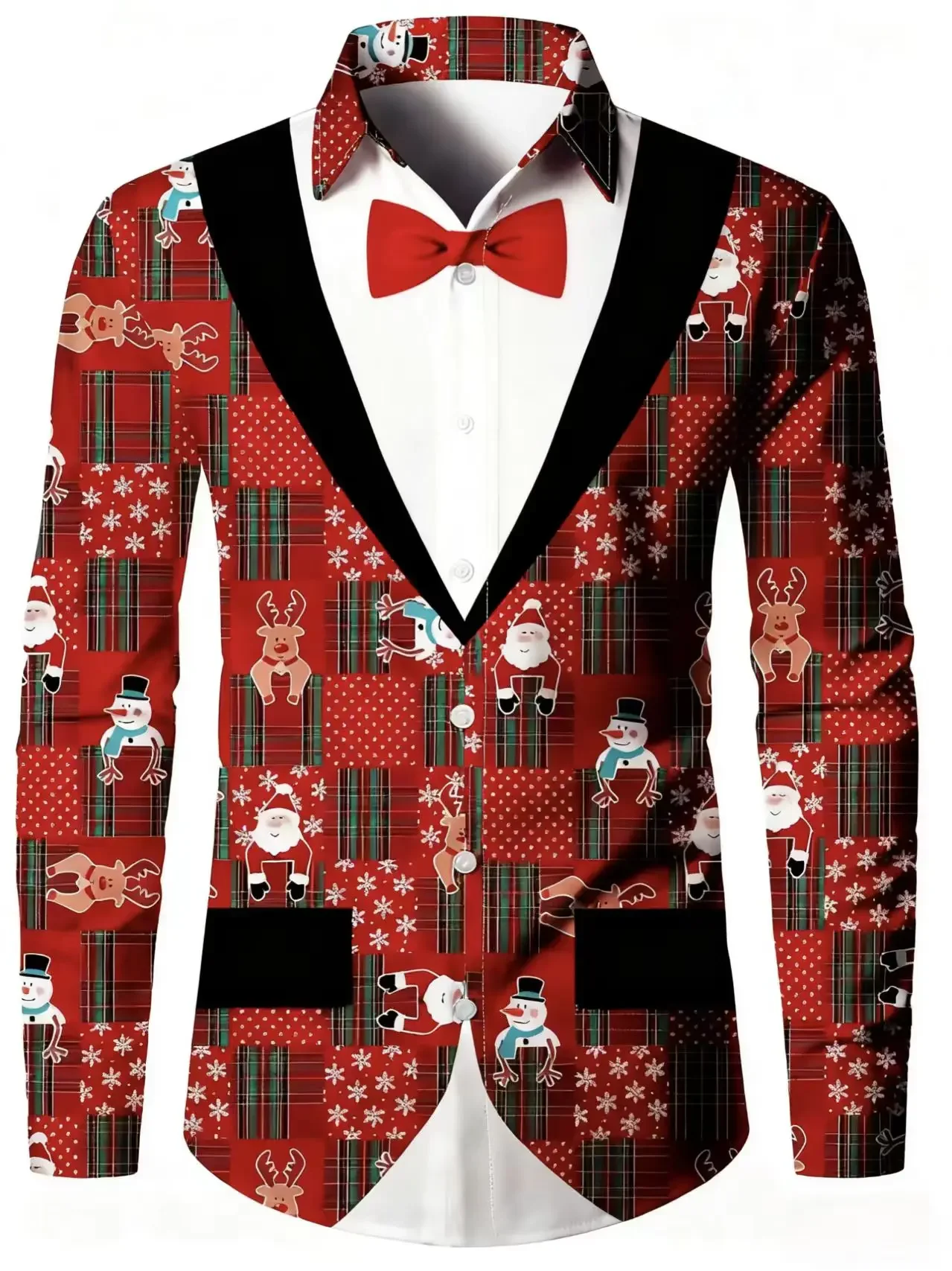 Premium Christmas Men's Fake Two-Piece Shirt – Festive Reindeer Snowman Print, Comfortable Fashionable High-Quality Long Sleeve