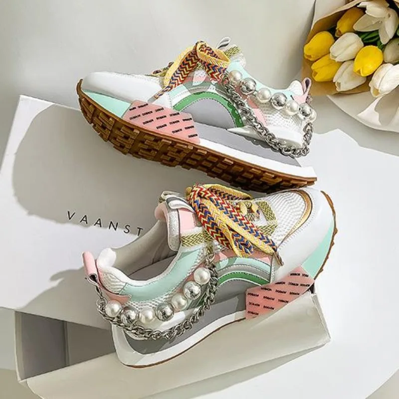 New Lace Up Iridescent Pearl Chain Decorative Women\'s Vulcanized Shoes Women\'s Platform Sneakers Zapatos De Mujer Women Shoes