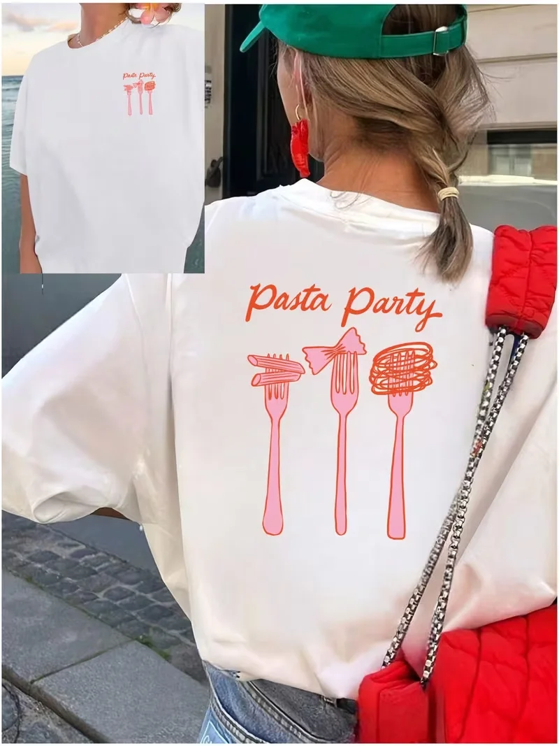 Pasta Party Retro Italian Food Graphic T-Shirt, Front & Back Printed Women's T-shirt, Foodie Aesthetic Print tops Daily Top ﻿