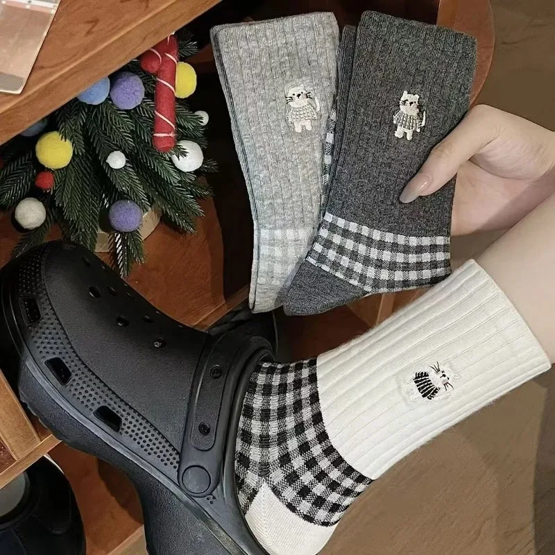 

1-10Pairs Autumn Winter Women Cat Cartoon Cotton Socks Plaid Black White Long Tube Cozy Mid Calf Student Casual Socks