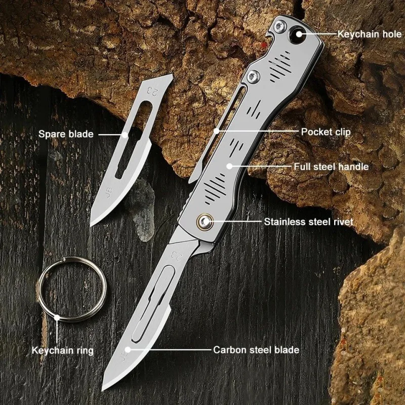 Portable Stainless Steel Utility Knife with Replaceable Blade Bottle Opener Key Chain Pendant Sharp Camping Tool Box Opener