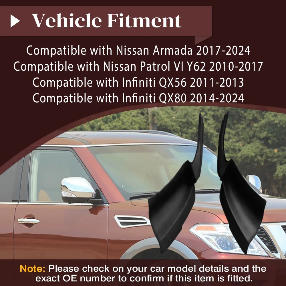 

For Nissan Patrol Y62 Armada 2010-2024 Infiniti QX80 QX56 Pair Front Windshield Wiper Side Cowl Extension Trim Cover L&R 2PCS