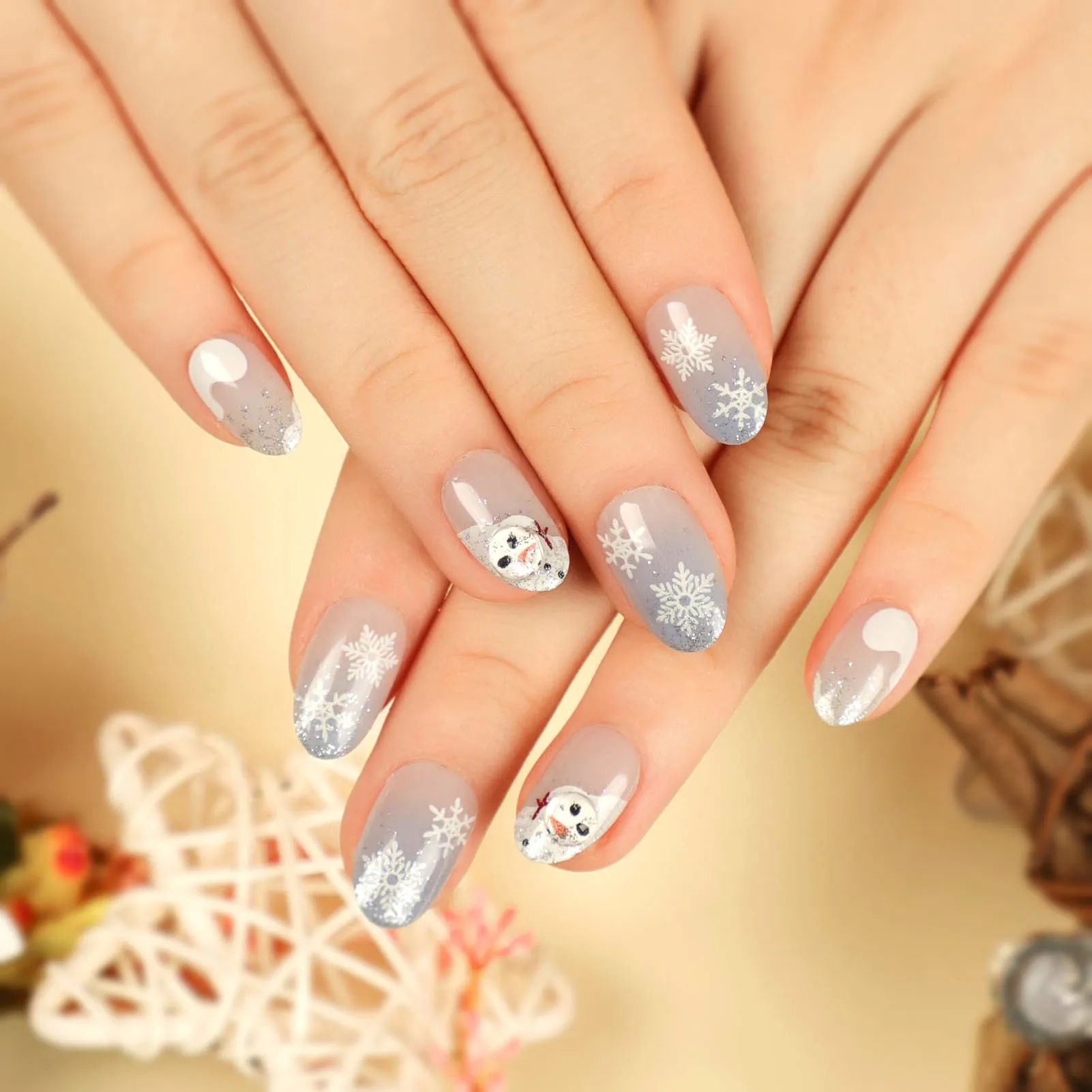 Prego artificial reutilizável para mulheres, cor gradiente, unha falsa, estampa floco de neve, azul e branco, especialista em salão, unhas, 24 peças