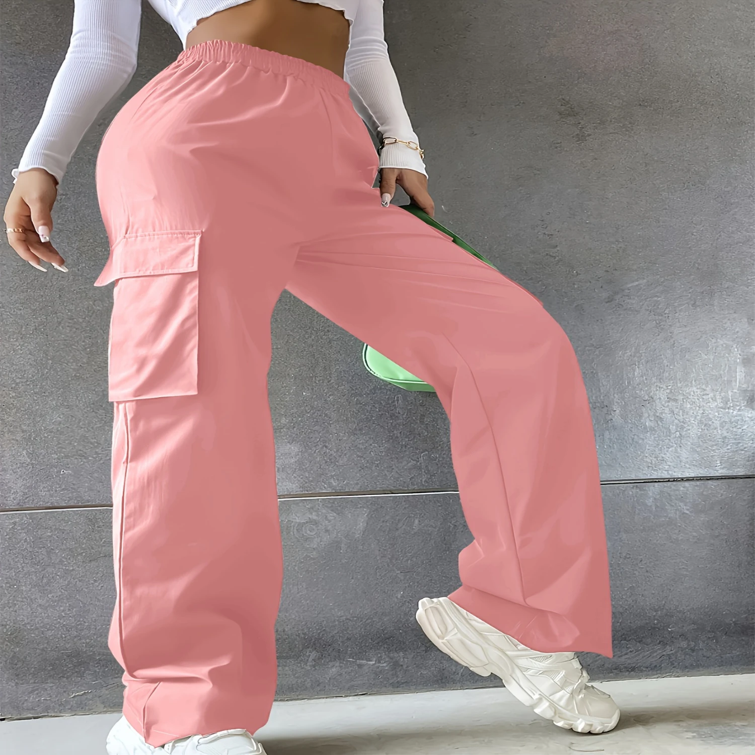 Solid Flap Pocket Loose Cargo Pants, Casual Elastic Waist Versatile Pants, Women's Clothing