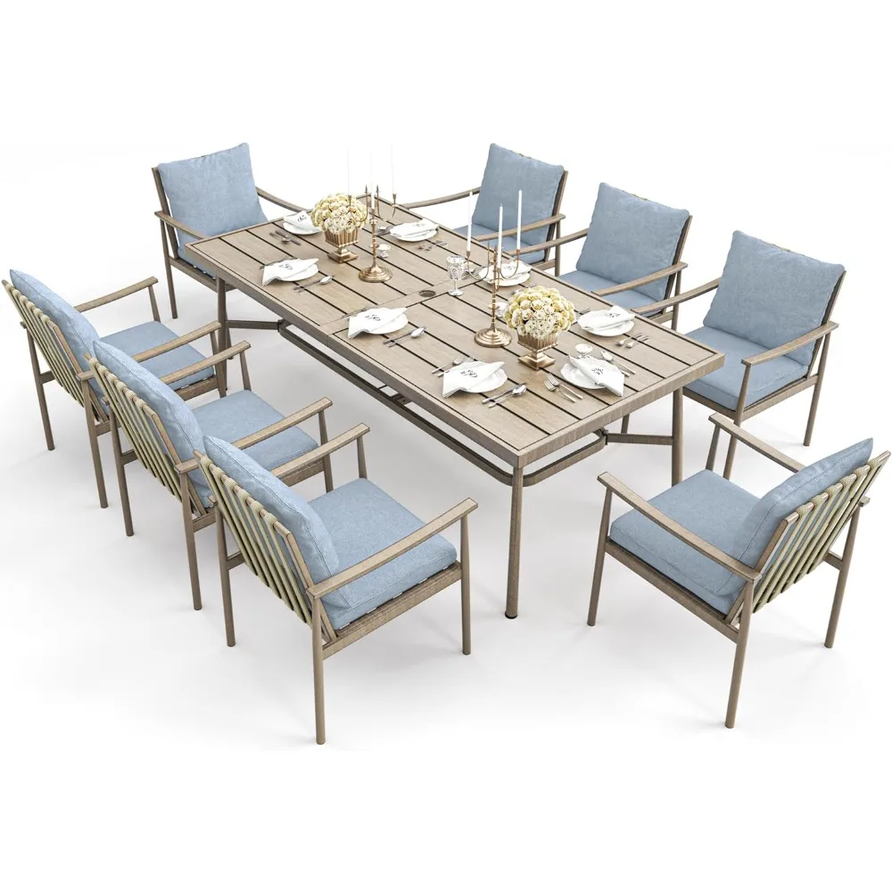 

9-Piece Patio Table and Chairs Set,8 Dining Chairs, 1 Large Rectangular Table with Umbrella Hole, Aluminum Outdoor Dining Set