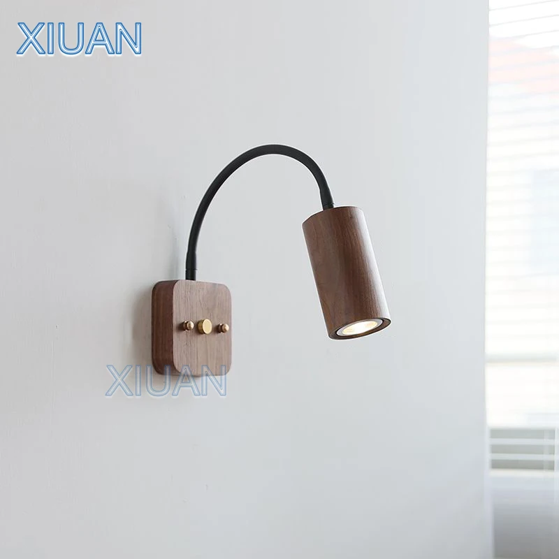 

Vintage Retro Walnut Wood Color Wall Lights 360 degree Rotatable Lamp Arm Japanese Bedroom Bedside Reading Wall Lamp with Switch