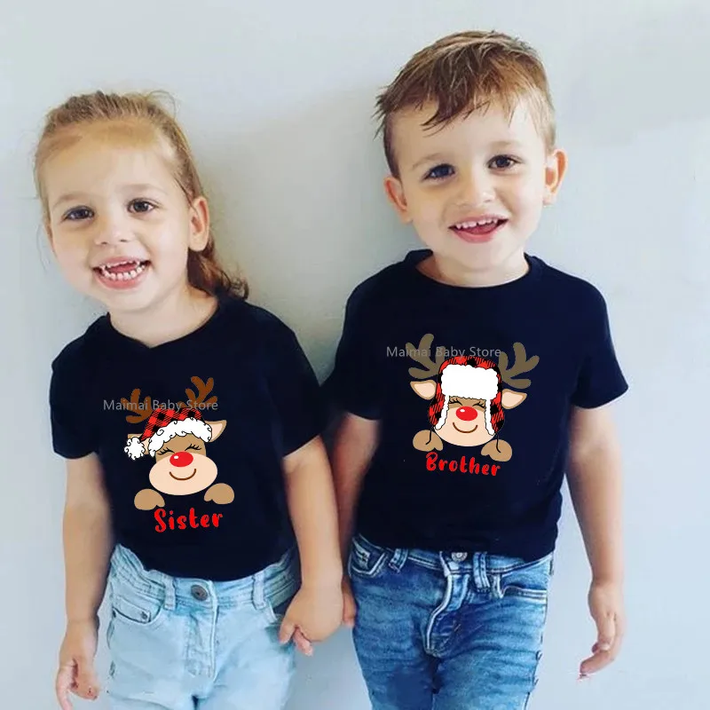 New Deer Print Family Christmas Shirts Cotton Dad Mom Brother Sister T-shirts Baby Rompers Family Look Xmas Party Tops Outfits