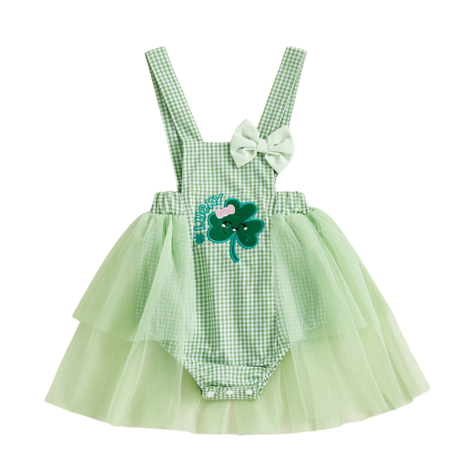 

Baby Girls Irish Day Plaid Romper Sleeveless Letter Clover Embroidery Tulle Patchwork Romper