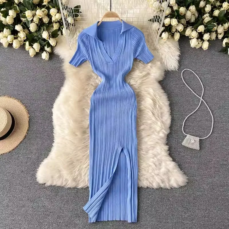 YuooMuoo-vestido feminino de malha bodycon, polo de verão, quadris sexy wrap, roupas de festa pretas divididas, streetwear, novo, 2022