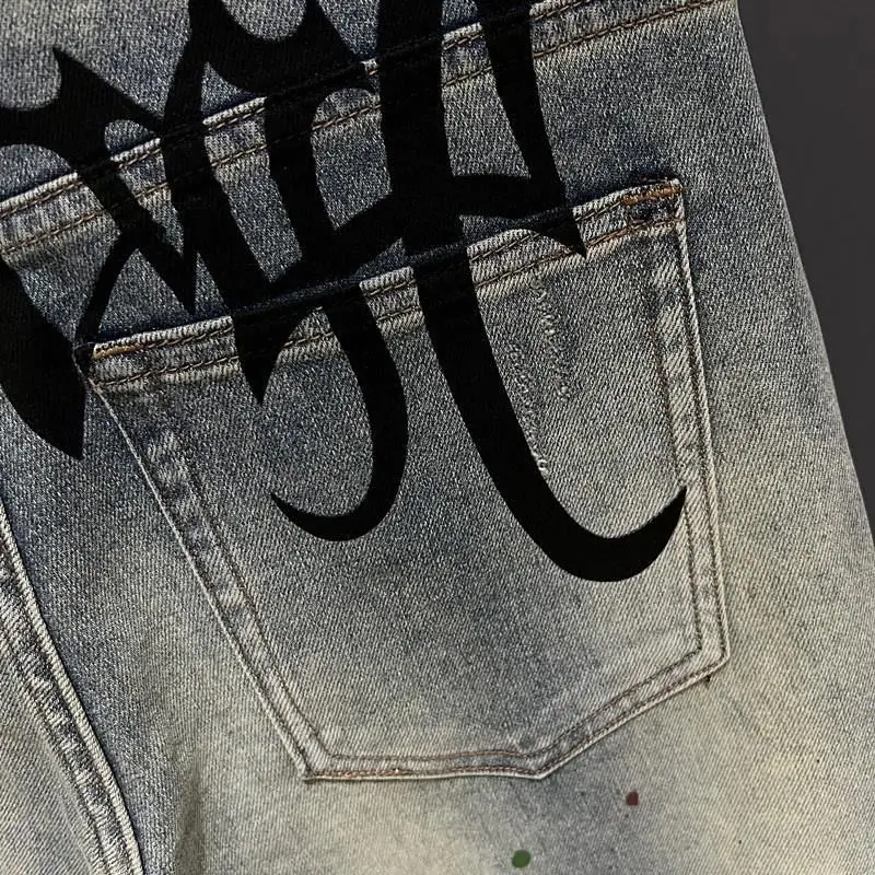 Men's Clothing Spring and Autumn Thin Printed Jeans Trendy Brand Light Luxury All-match Small Straight Letter Denim Trousers