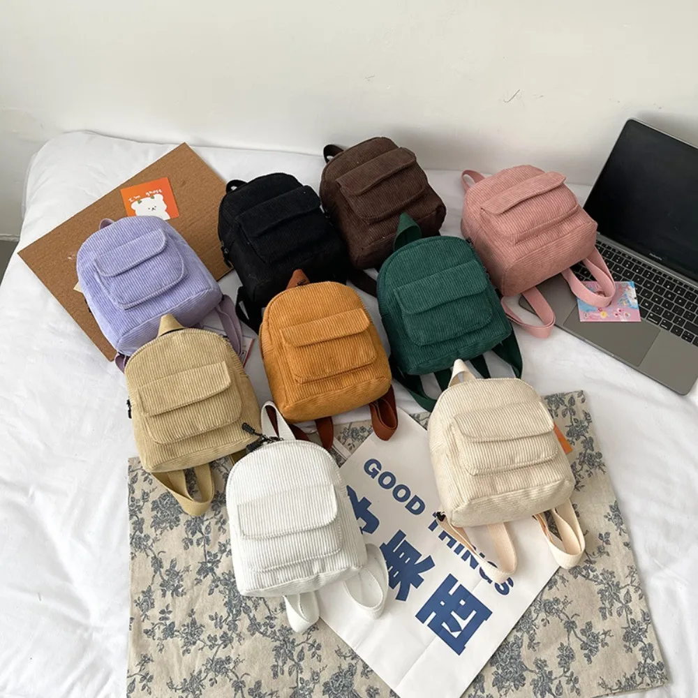 Fashion Solid Color Mini Backpack Corduroy Lightweight Small Backpacks Dacron Multiple Pocket Teenagers