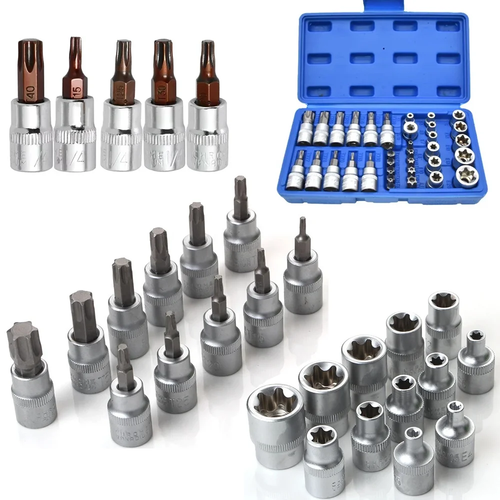 Conjunto de Soquetes Torx e E-Torx 1/4\" 3/8\" 1/2\" Ferramentas de Soquete T15 T20 T25 T30 T40