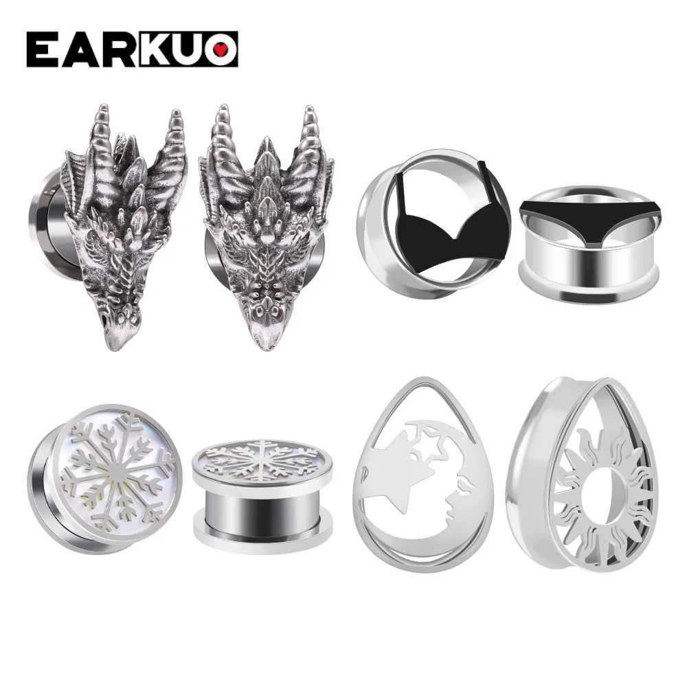 EARKUO Unique Stainless Steel Animal Design Ear Plugs Tunnels Gauges Piercing Body Jewelry Earring Expanders Stretchers 2PCS