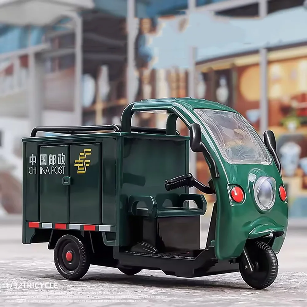 Scale 1/32 Postal Vehicle Sanitation Car Model Toys Diecast Alloy Tricycle Doors Opened Sound Light Pull Back Toy Gifts for Kids