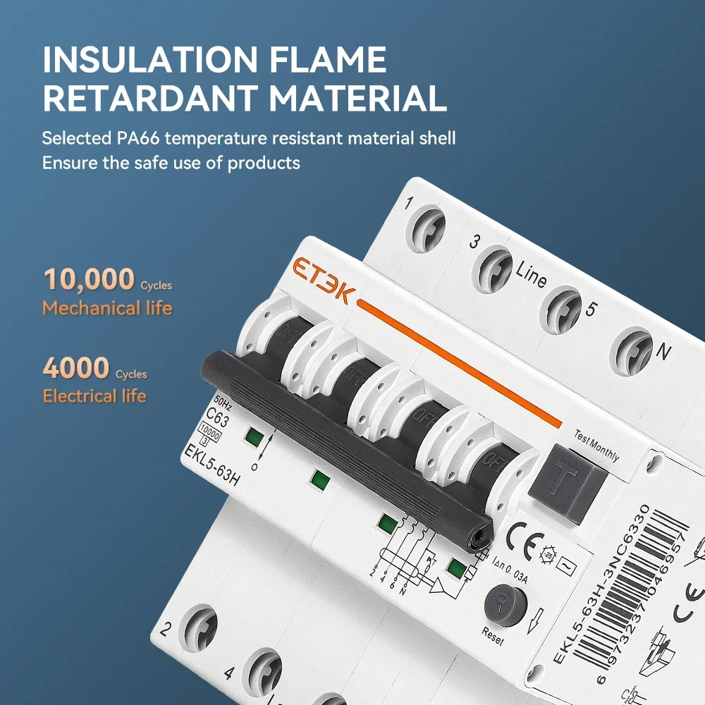 Imagem -03 - Interruptor Residual do Etek-rcbo sobre a Proteção Atual do Vazamento tipo C.a. 1p Mais n 3p Mais n 2p 4p 63a 30ma Ekl5