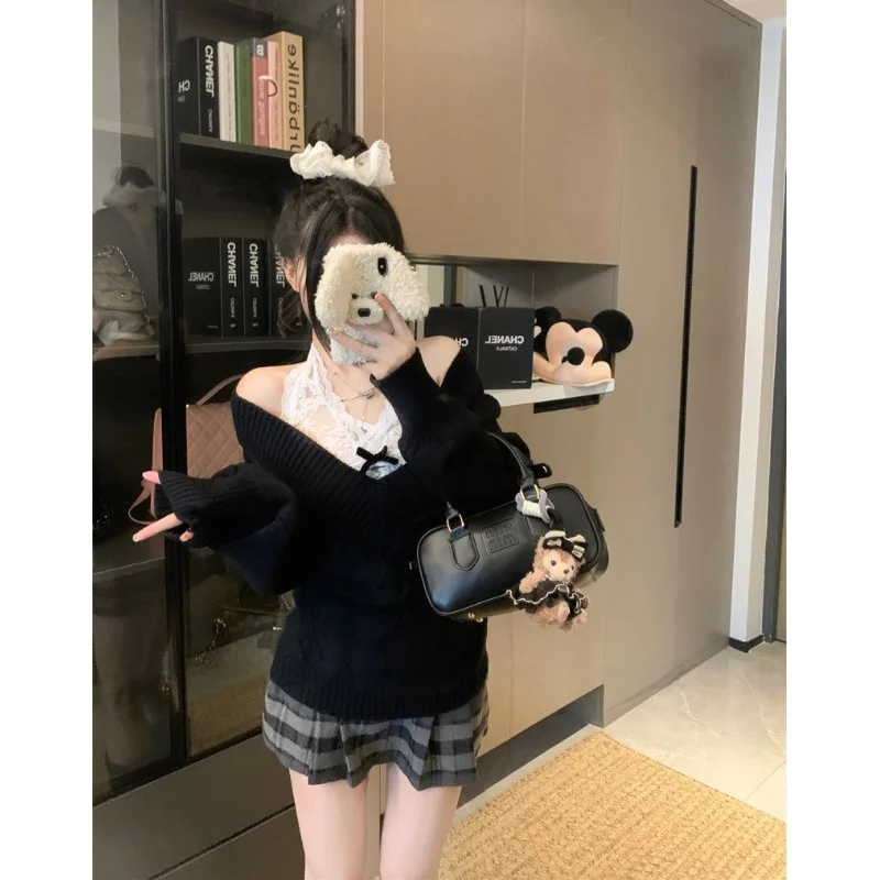 Retro Soft Long Sve V-Ne Knot Sweater Women's Winter New Waist-Cinching Slimming Versatile Knitted Top