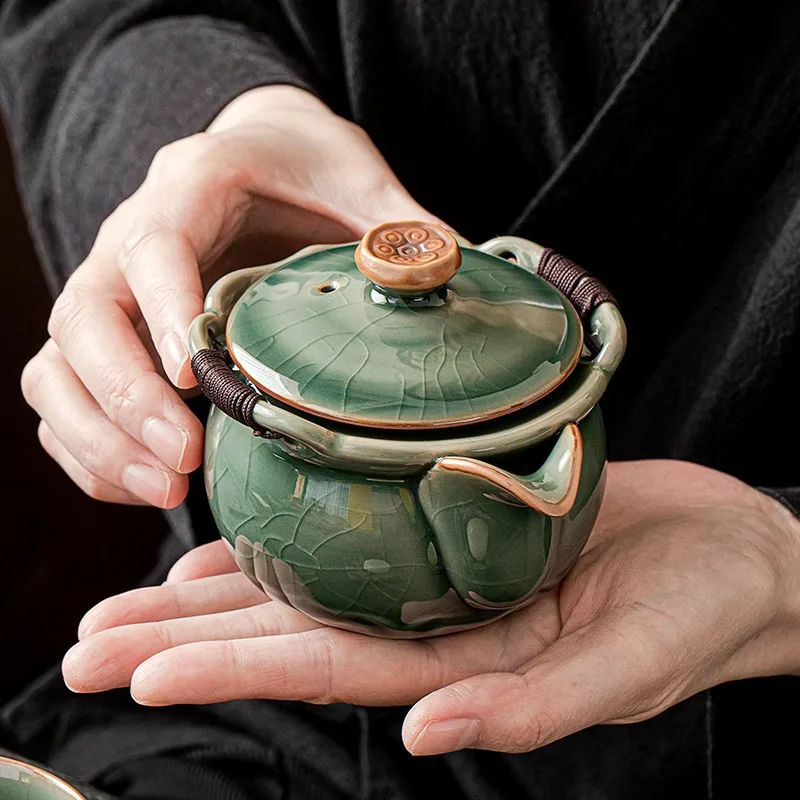Creative Light Green Crackle Ceramic Teapot Tea Set Portable Travel Teacup Porcelain Teapot Exquisite Tea Set Home Decoration