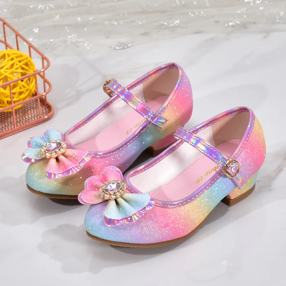 Children's High Heels 2023 New Girl Rainbow Crystal Butterfly Knot Wedding Party Shoes Sequins Kids Princess Leather Shoe giày