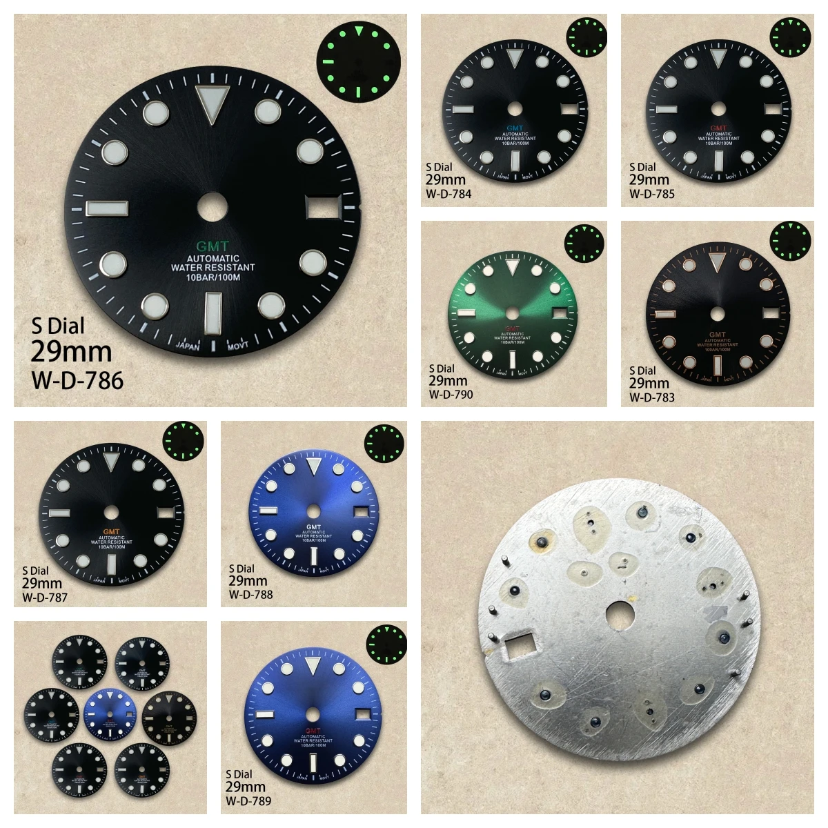 28.5/29/31.8/35 mm GMT/Cocktail/Oak S Dial Fit NH34/NH35/NH38/VK63 Movement Green Luminous Watch Modification Accessories