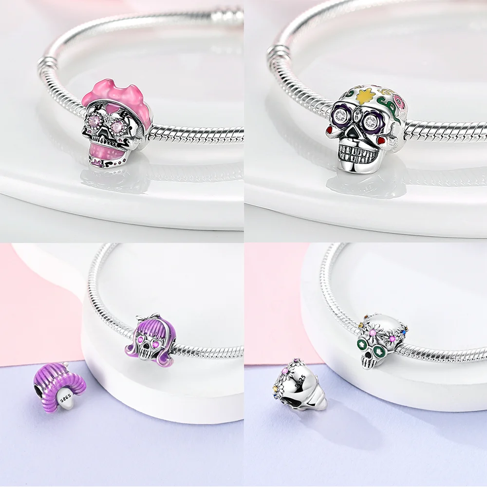 Silver S925 Devil Skull Beads Pink Bow Rose Skeleton Halloween Charms for Original Bracelet DIY Jewelry Gift for Women