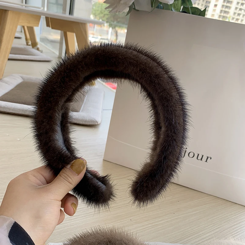 New Winter Real Mink Fur Headband For Women Hair Accessories Solid Head Wraps Warm Furry Gift