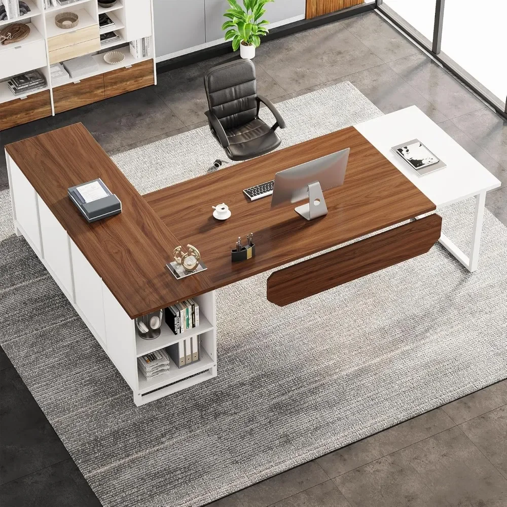 70,8" directiebureau met 55" archiefkast, groot L-vormig computerbureau met opbergruimte en planken, modern L-vormig bureau