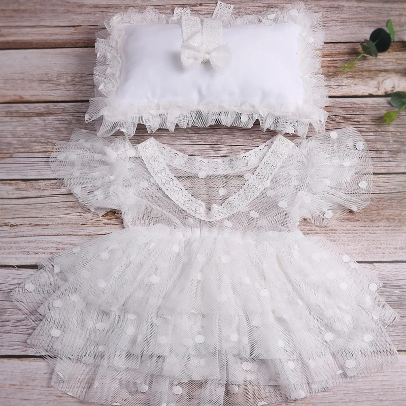 Ylsteed 3 Pieces Set Newborn Lace Romper with Posing Pillow Hairband Baby Girl Photography Outfits Infant Dot Mesh Dress