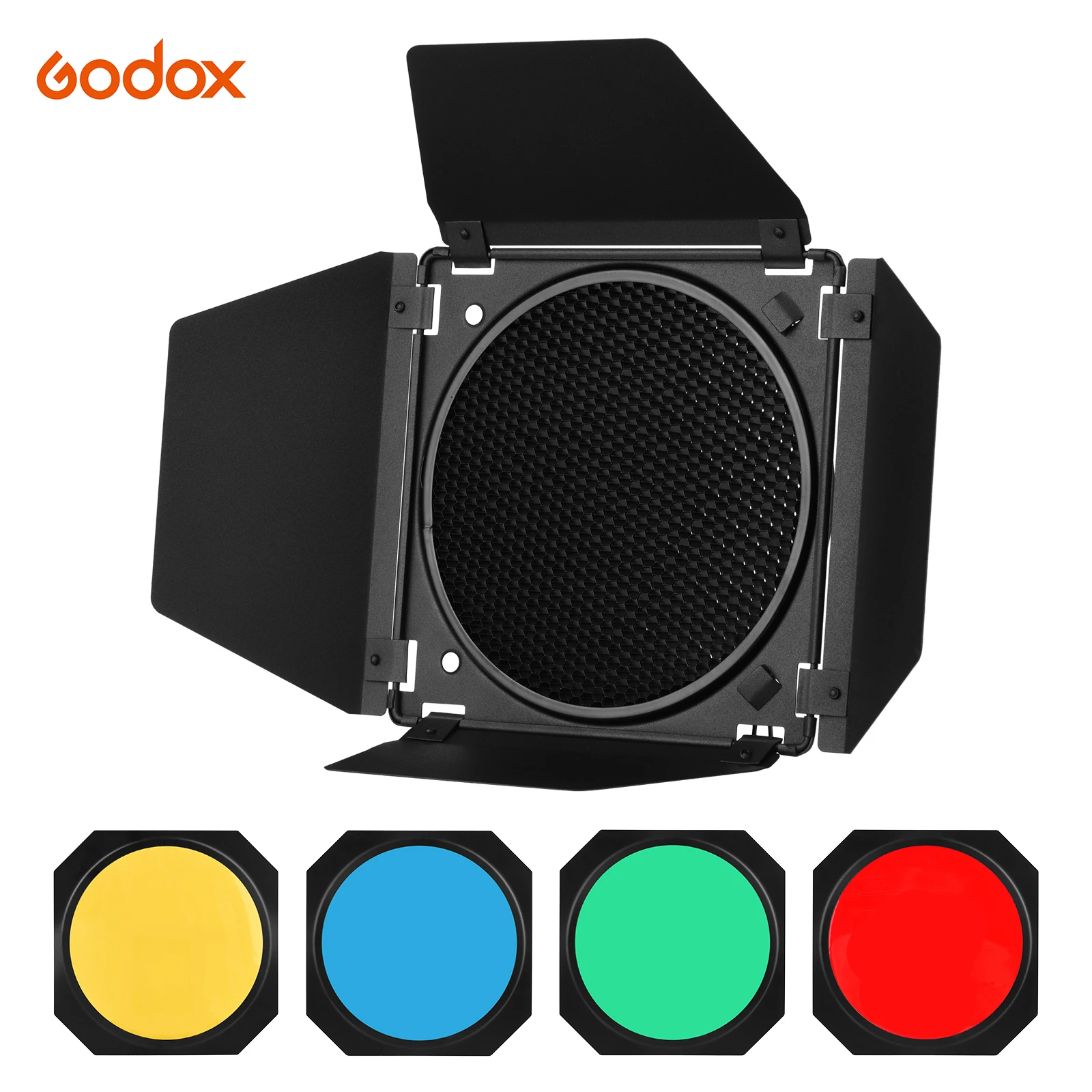 Godox BD-04 Barndoor Kit with Honeycomb Grid 4 Color Gel Filters for 7 Inch Standard Reflector for GODOX SL60W SL150II SK400II