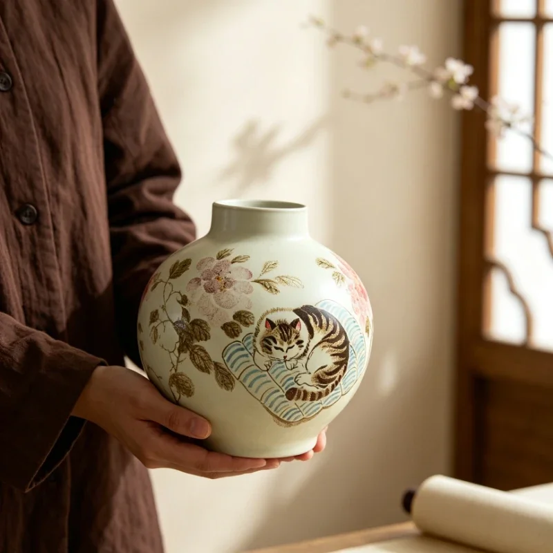 Chinese Style Hand‑Painted Cute Cat Ceramic Vase Vintage Tabletop Ornament Hydroponic Flower Pot Home Decoration