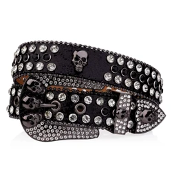 Skull Rivet Buckle Belt Blue Black Glitter PU Belt Rhinestone Decor Hip Hop Jeans Pants Belt Punk Cowboy Cowgirl Belts For Women
