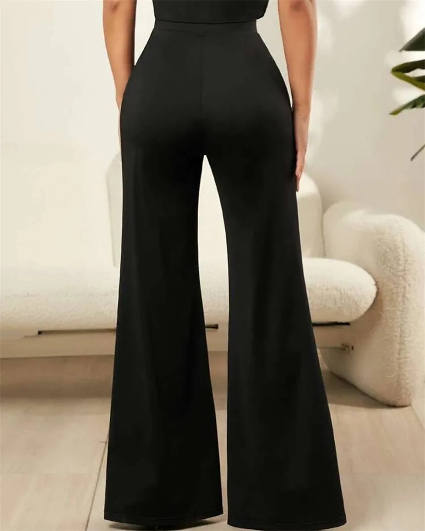 Women's High Waist Wide Leg Pants Black Lace Insert Flare Trousers Elegant See Through Mesh Sheer Pants for Party Cocktail Fall