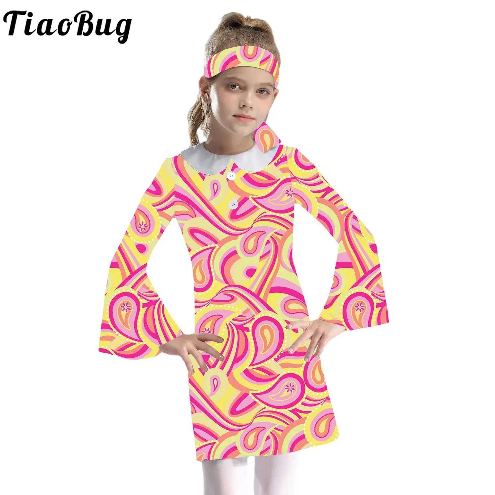 Kids Girls Retro 70s Hippie Disco Dress Flare Sleeve Printed Dresses with Headband Halloween Carnival Music Festival Costume