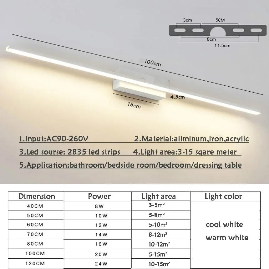 الحديثة 40 سنتيمتر 50 سنتيمتر 60 سنتيمتر 70 سنتيمتر 80 سنتيمتر 100 سنتيمتر 120 سنتيمتر LED مرآة الجدار ضوء AC90-260V التجميل الاكريليك الجدار مصباح إضاءة الحمام #4