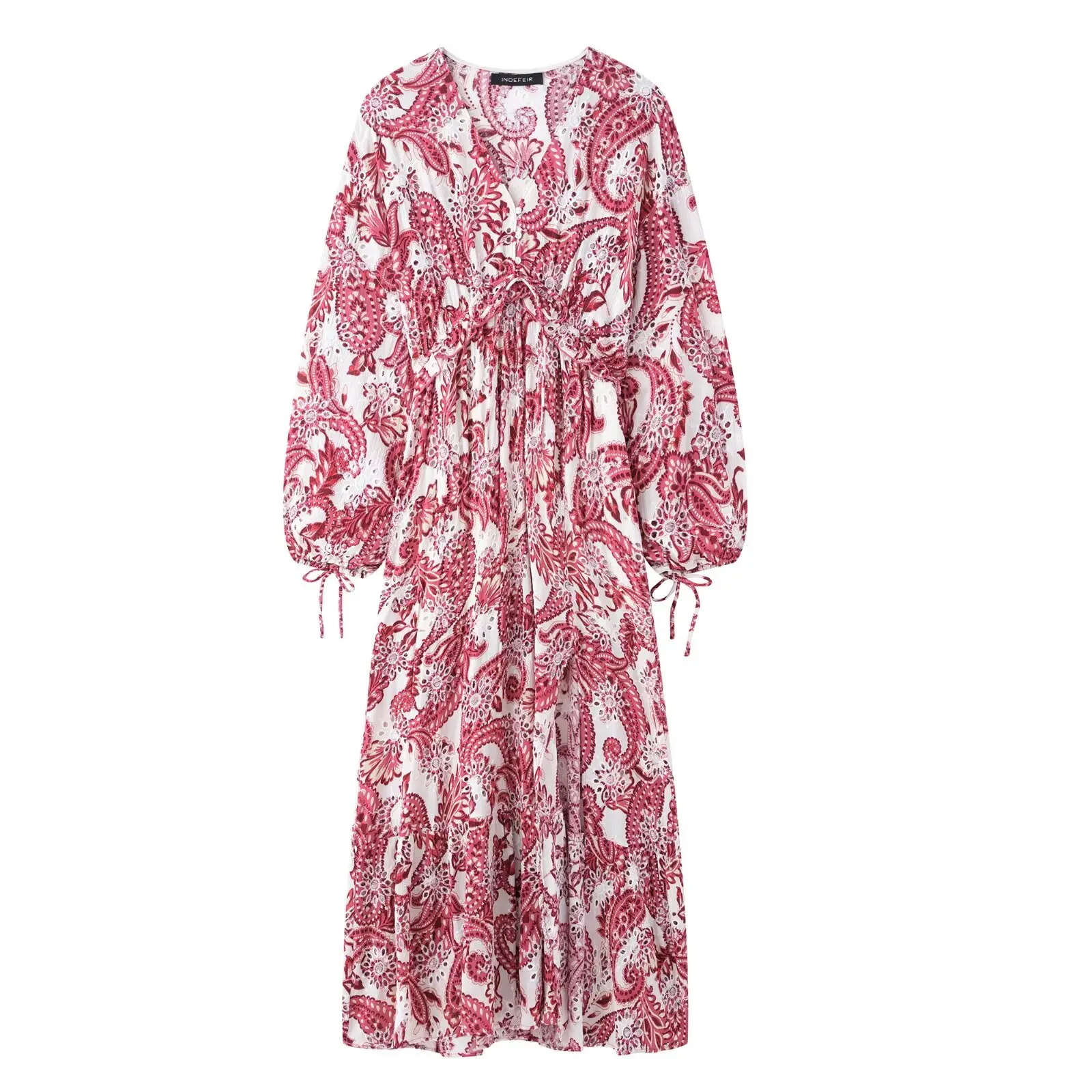 

HH Women's Hollow Embroidery Long Sleeve V-neck Dress Slim Fit Lace-up Pleated Midi Spring Fashion Female Temperature Dress