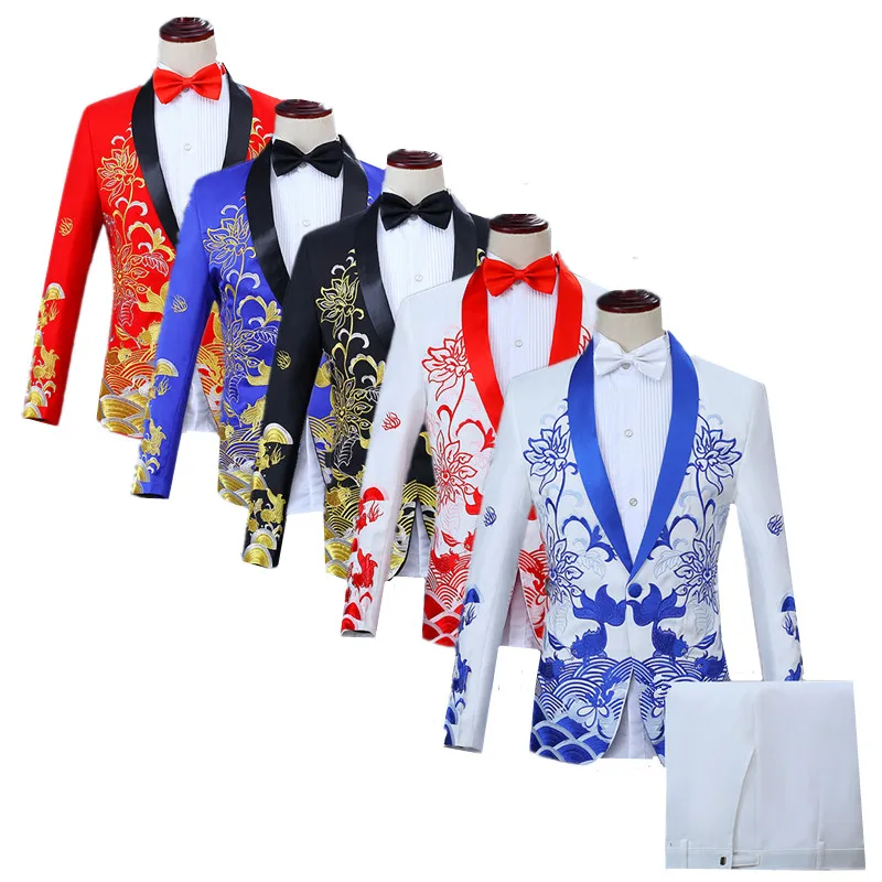 (Jacket + Pant) New Men Luxury Stage Performance Suit Slim Fit 2Piece Male One Button Embroidered Blazer and Pure Colour Trouser