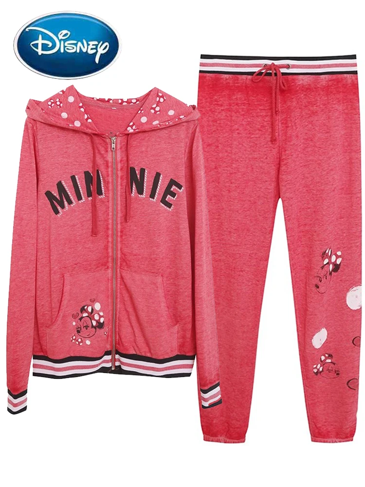 Disney Sweatshirt Minnie Mouse Letter Cartoon Print Women Fleece Long Sleeve Hooded Zip Tee Tops + Pants Trousers 1 Sets Femme